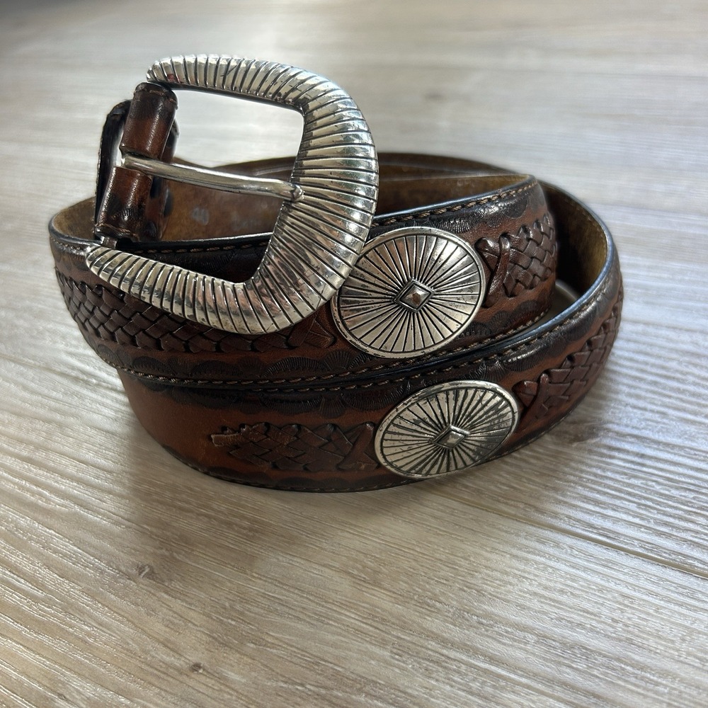 Tony Lama Size 40‎ Brown Leather Belt /  Silver Discs And Braid Detail